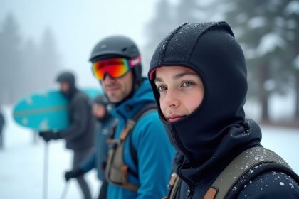 Cagoule noire ajustée sur un mannequin en extérieur sous la neige