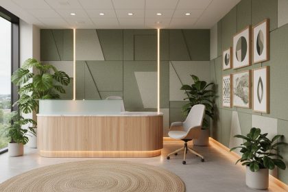 Banque d'accueil moderne avec mobilier design dans un bureau professionnel