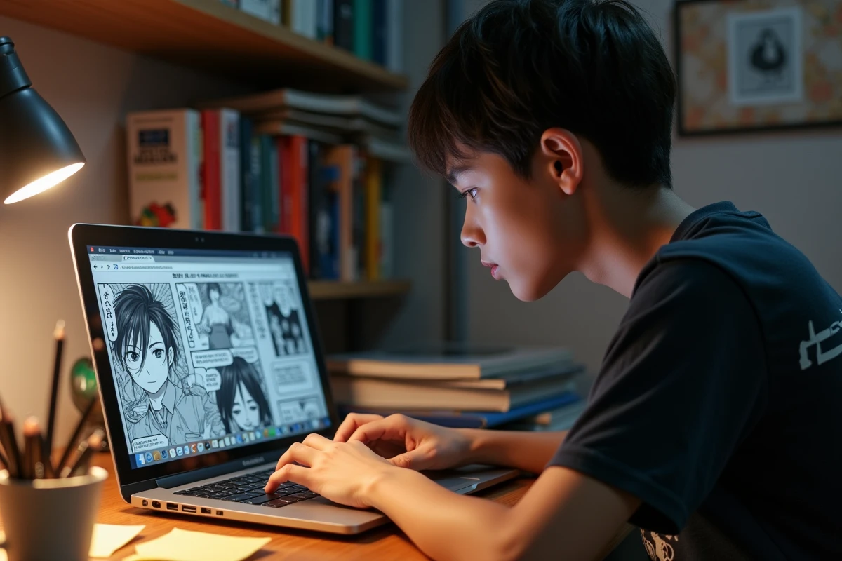 Adolescent concentré sur la lecture d'un manga en ligne sur ordinateur portable à son bureau d'étudiant
