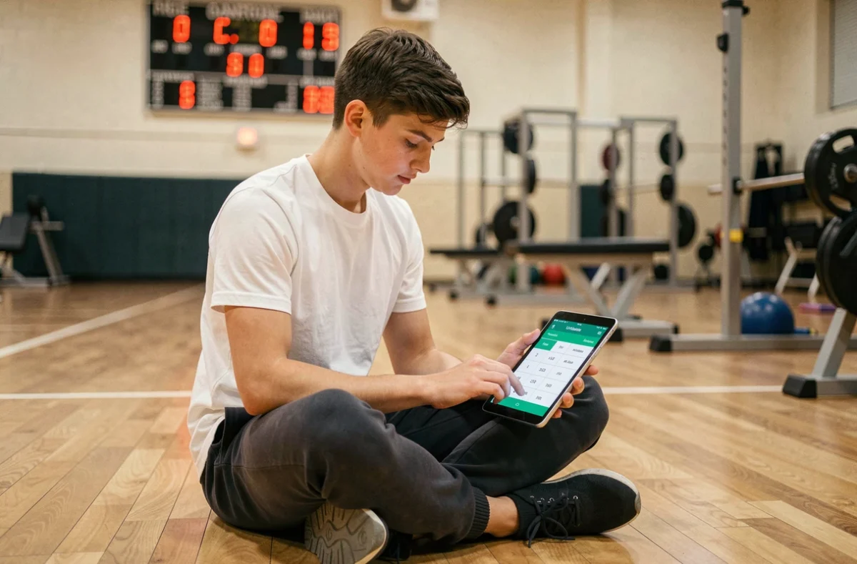 Adolescent dans une salle de sport utilisant une tablette pour convertir des yards en mètres grâce à un calculateur en ligne