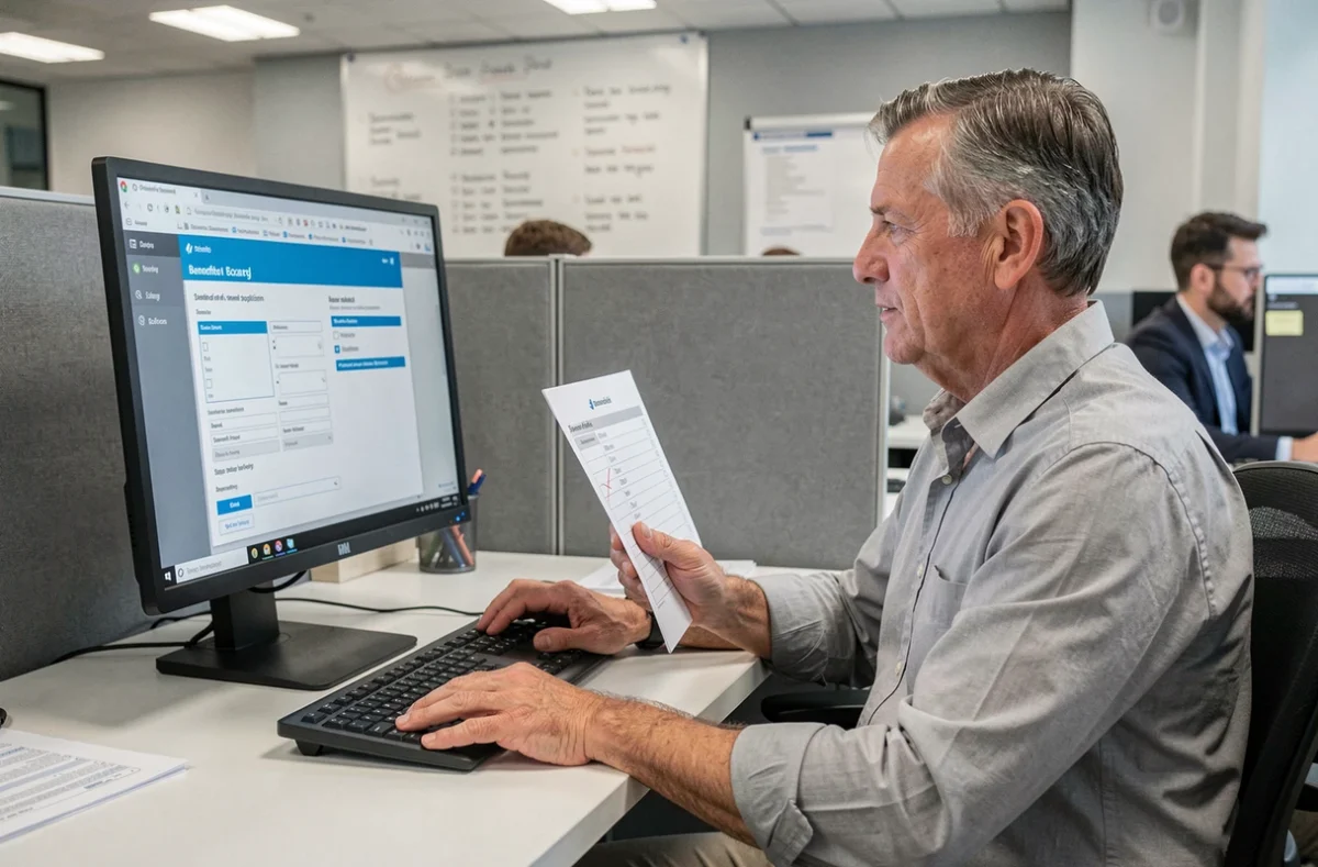 Agent hospitalier remplissant un formulaire de prestation CGOS en ligne au bureau pour éviter les erreurs