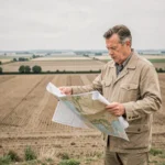 Agronome tenant une carte topographique devant une vaste étendue agricole de plusieurs hectares