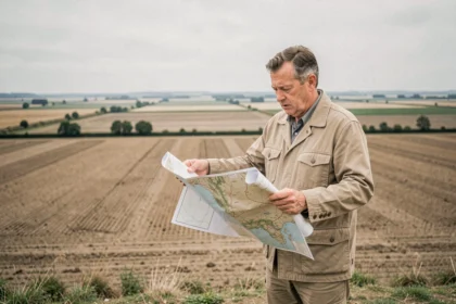 Agronome tenant une carte topographique devant une vaste étendue agricole de plusieurs hectares
