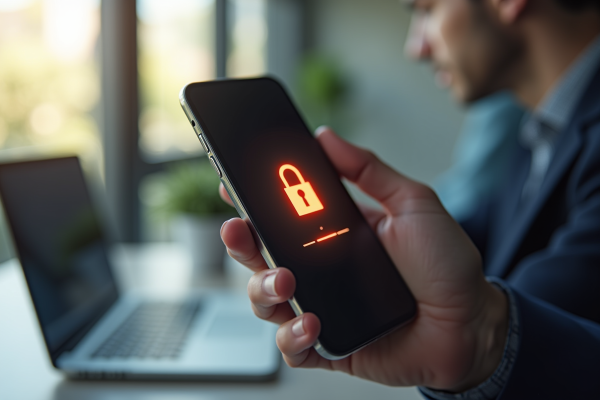 Main tenant un smartphone avec alerte de tentative de connexion