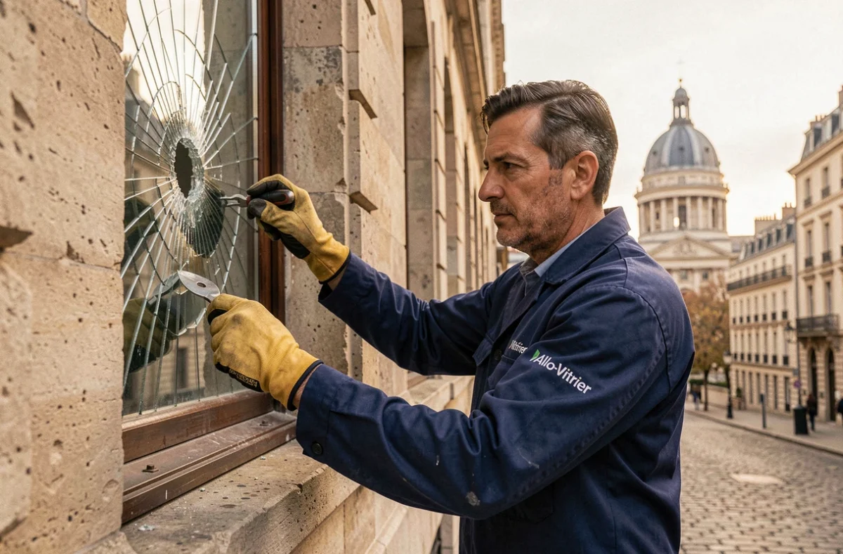 Vitrier Allo-Vitrier Paris 5 retirant une vitre brisée près du Panthéon dans le Quartier Latin
