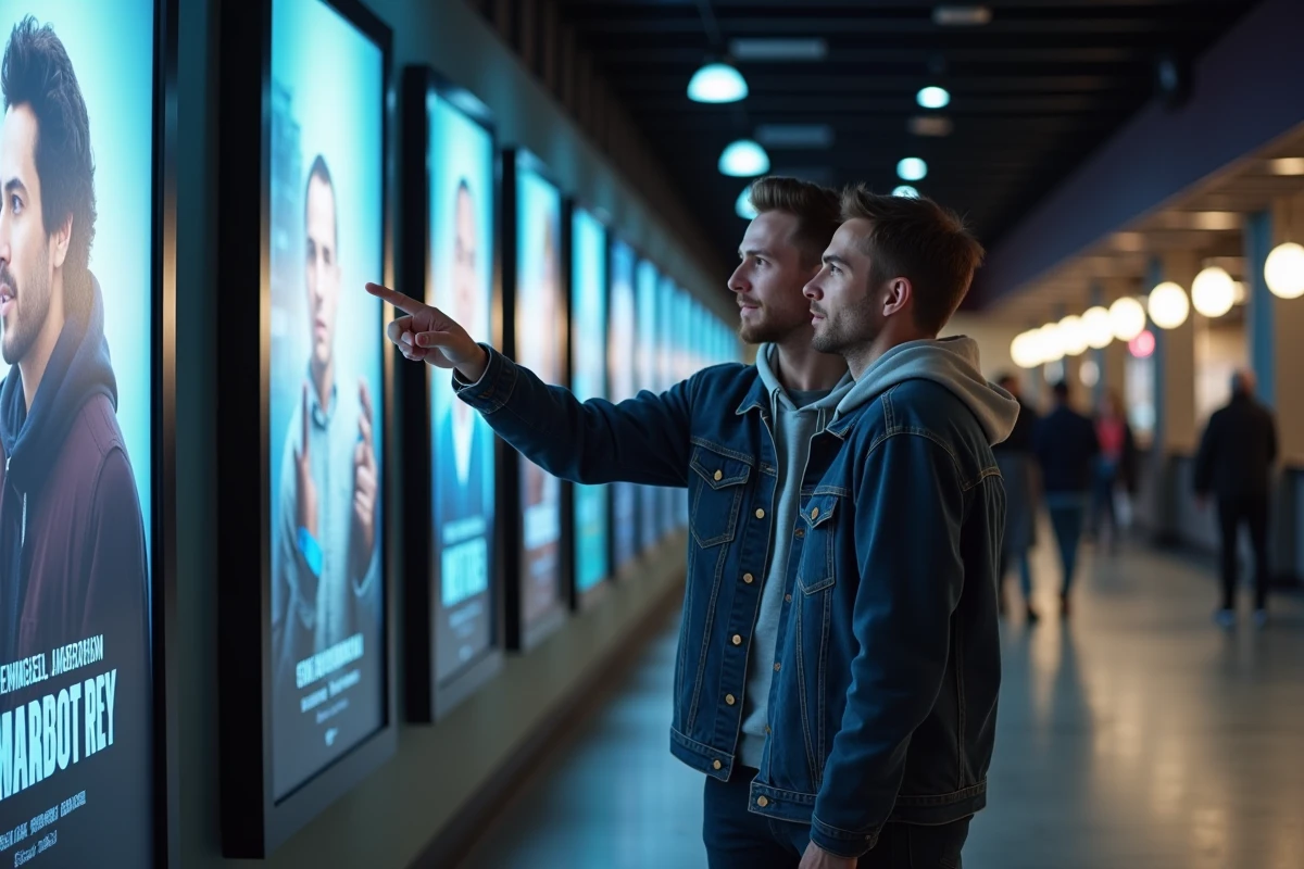 Deux amis discutant de l'ordre des films Batman et du Joker devant des affiches de cinéma dans le hall d'un multiplex
