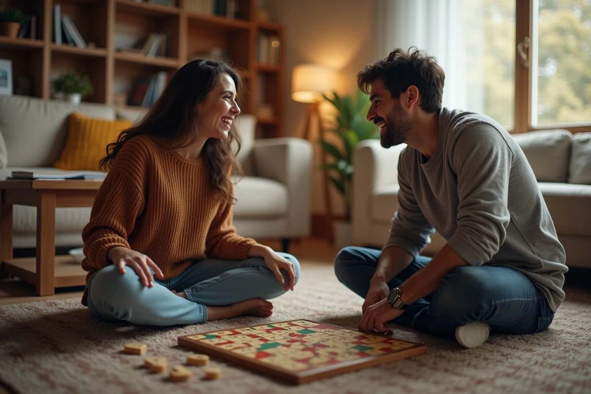 Deux amis jouant à un jeu de lettres sur le sol du salon, stratégie autour du mot capitale avec majuscule pour marquer des points
