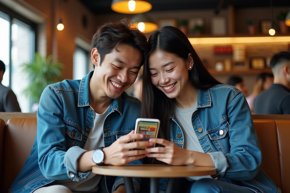 Deux amis partageant la lecture d'une bibliothèque manga en ligne sur smartphone dans un café