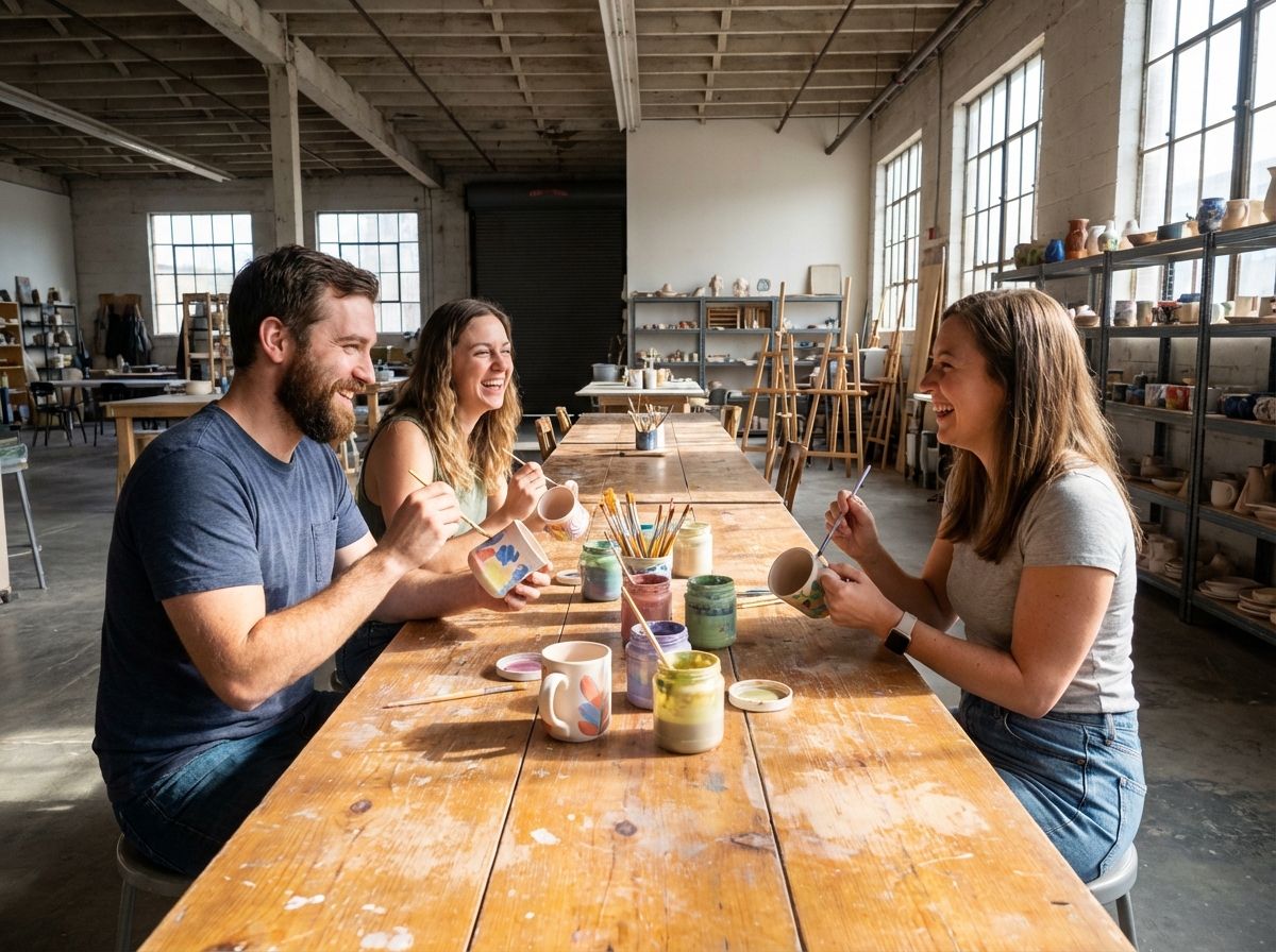 Trois amis peignant des mugs en studio lumineux
