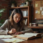 Femme analyste entourée de fiches et d'indices narratifs épinglés sur un tableau de liège, illustrant la construction d'un récit à suspense