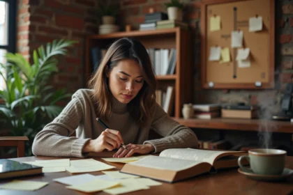 Femme analyste entourée de fiches et d'indices narratifs épinglés sur un tableau de liège, illustrant la construction d'un récit à suspense