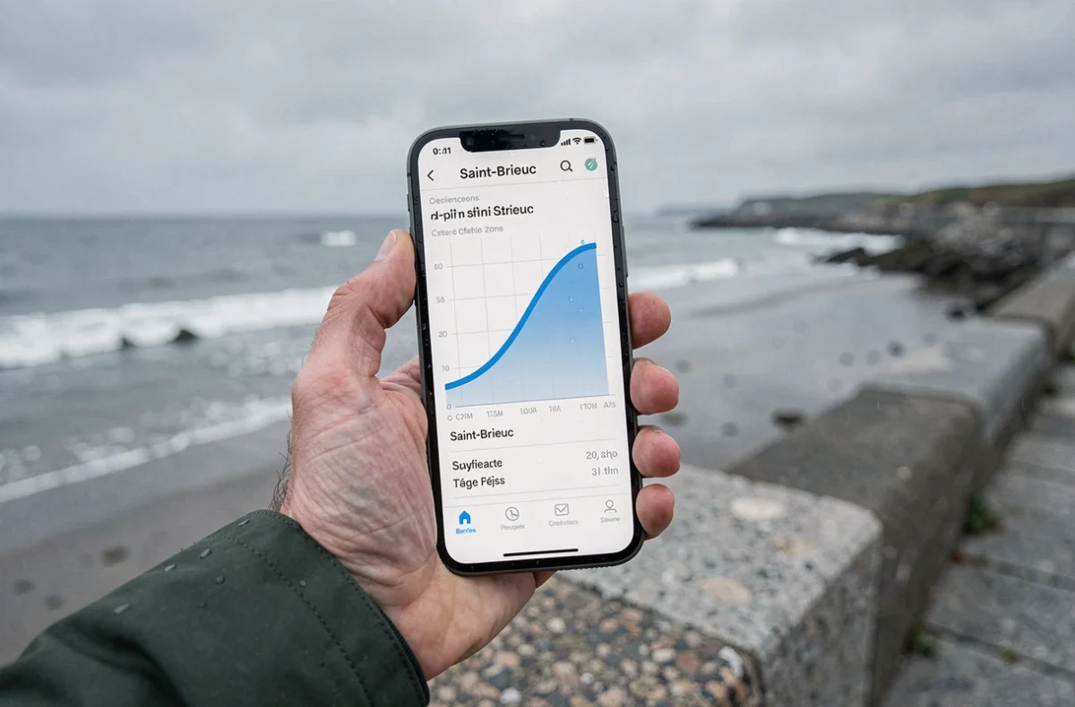 Main tenant un smartphone affichant une application de prévision des marées pour Saint-Brieuc devant la mer