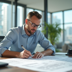 Architecte dans un bureau moderne examinant des plans de construction