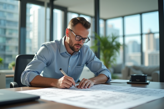 Architecte dans un bureau moderne examinant des plans de construction