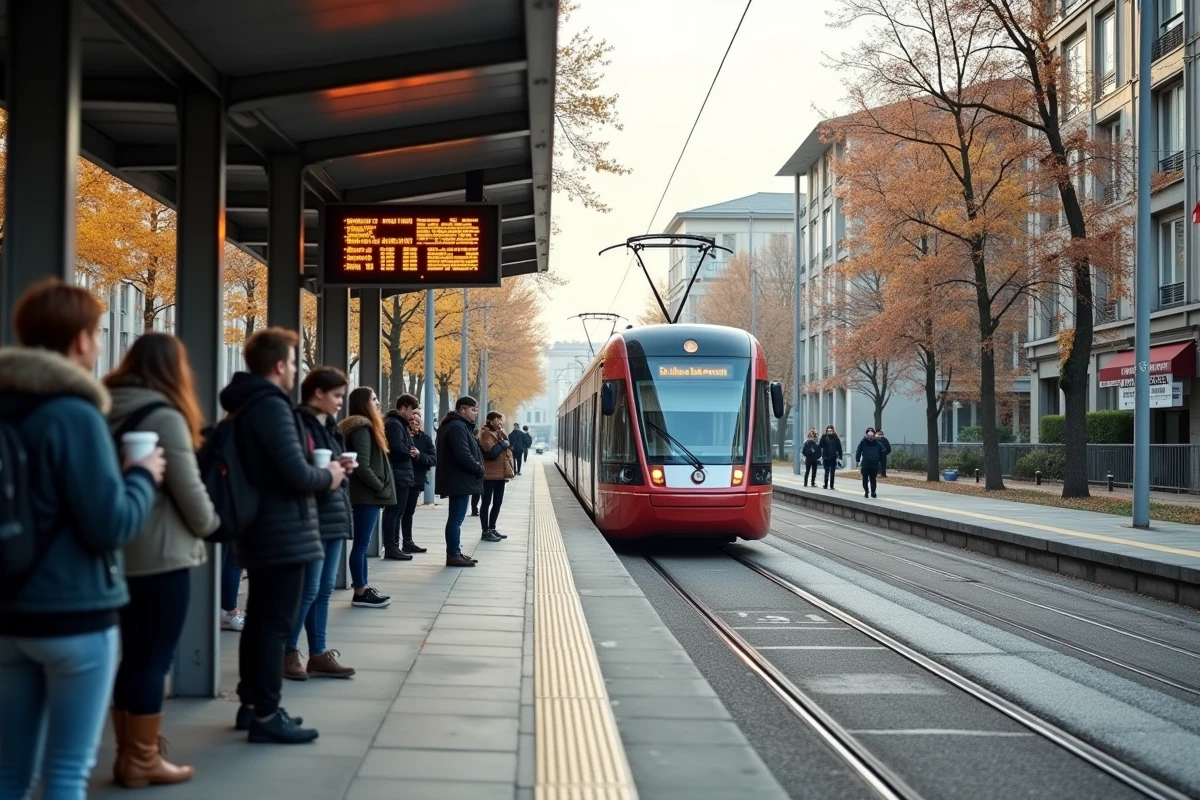 Arrêt de tram Grenoble près d'un campus universitaire avec des étudiants attendant le tramway en automne