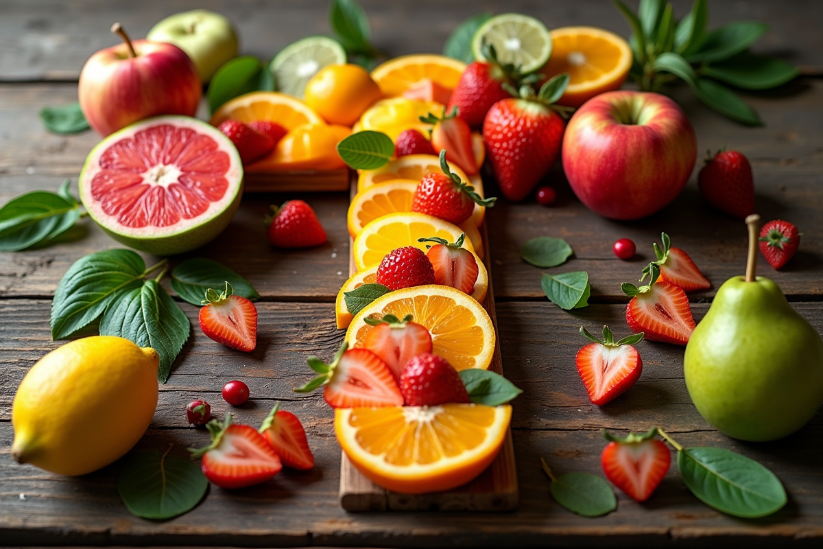 Assortiment de fruits formant la lettre T sur table en bois