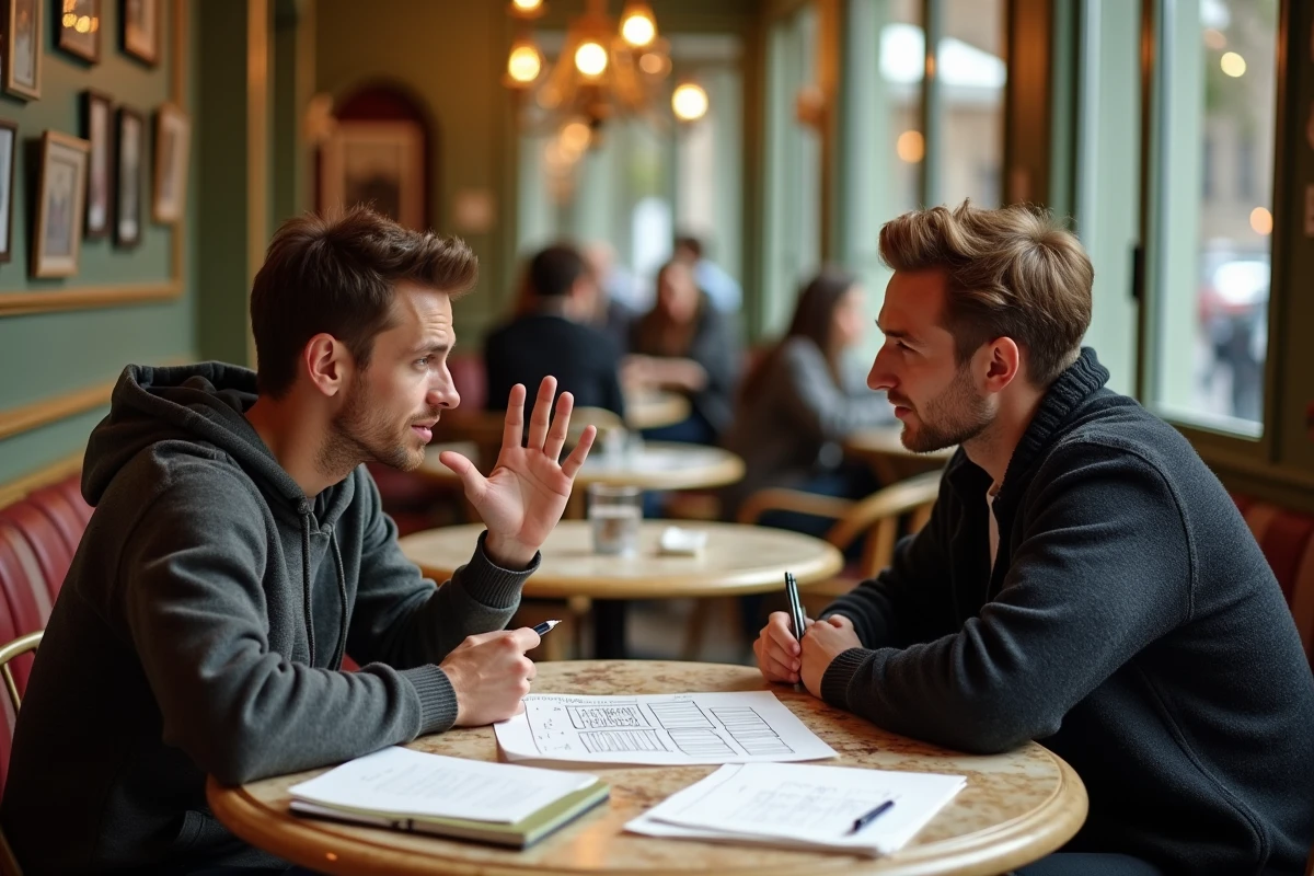 Deux auteurs discutant de la structure narrative et des fausses pistes d'un manuscrit autour d'une table de café parisien