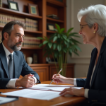 Avocat et notaire discutant de documents officiels