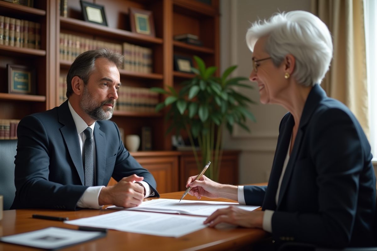 Avocat et notaire discutant de documents officiels