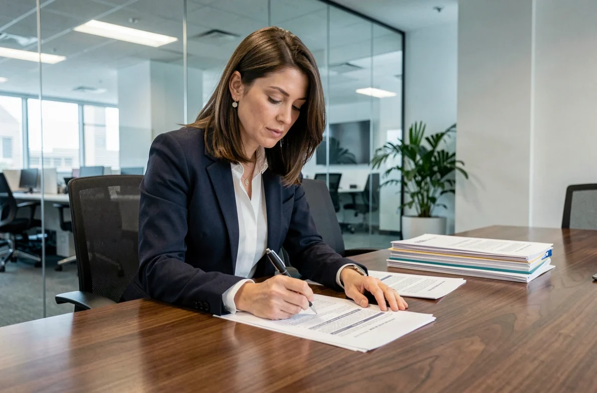 Avocate analysant des documents juridiques relatifs aux droits d'auteur dans un cabinet modern