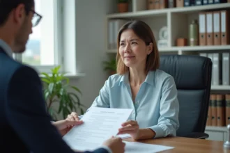 Femme avocate tenant des documents juridiques dans un bureau