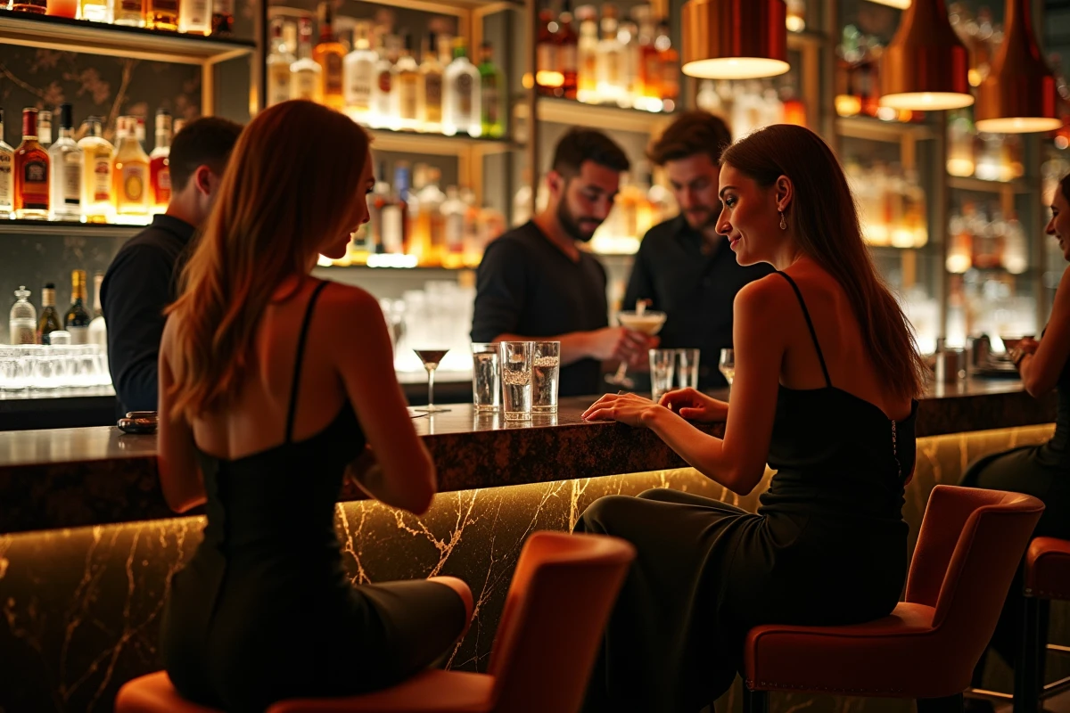 Comptoir de bar d'une boîte de nuit à Perpignan avec un barman préparant des cocktails pour des clients