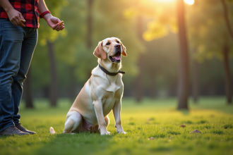 Labrador assis attentivement dans un parc ensoleille