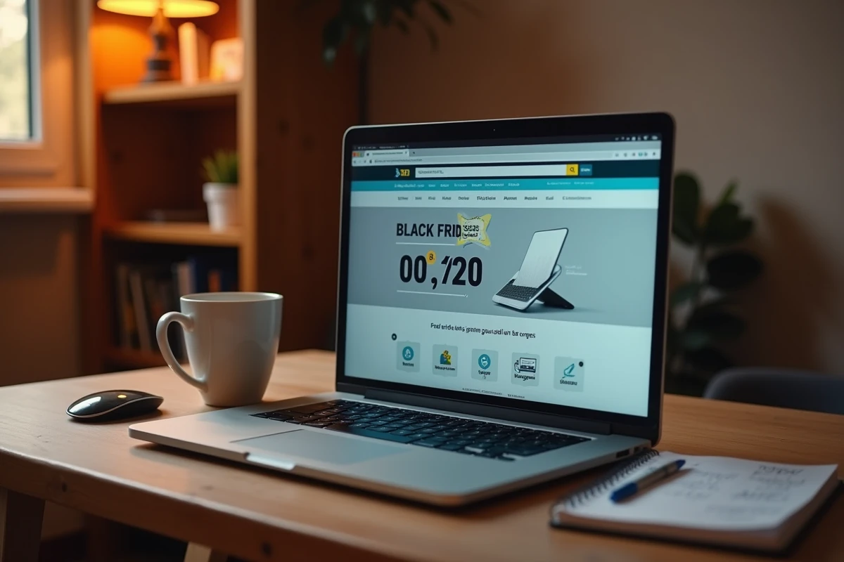 Écran d'ordinateur portable affichant des promotions Black Friday 2026 sur un site e-commerce français avec compte à rebours