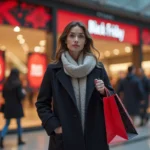 Femme faisant ses achats lors du Black Friday dans un centre commercial français avec des promotions et enseignes de soldes