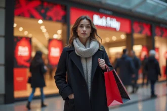 Femme faisant ses achats lors du Black Friday dans un centre commercial français avec des promotions et enseignes de soldes