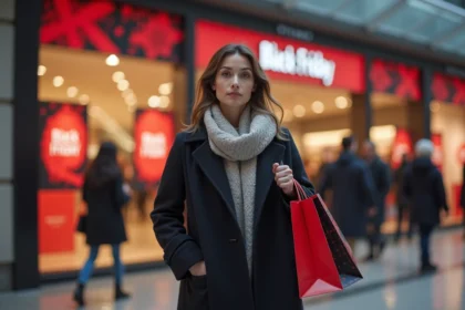 Femme faisant ses achats lors du Black Friday dans un centre commercial français avec des promotions et enseignes de soldes