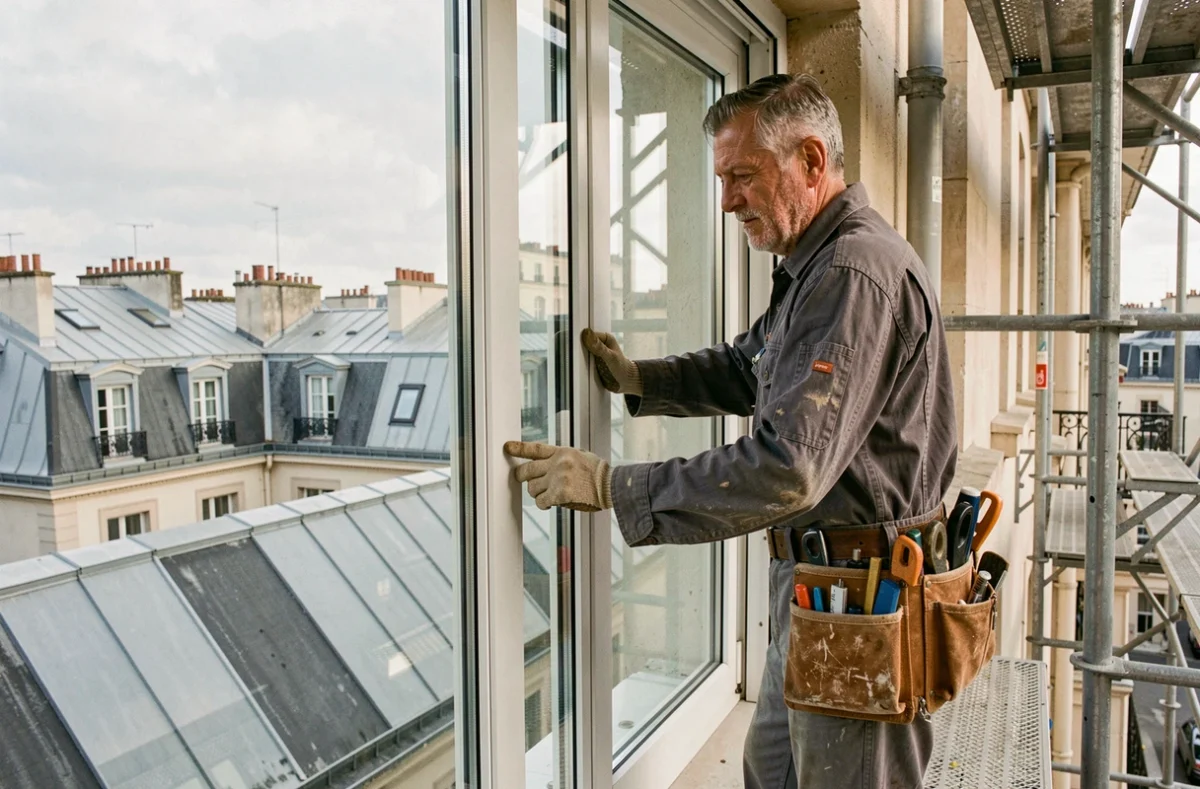 Bruno vitrier installant un double vitrage sur une façade d'immeuble parisien