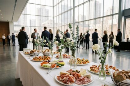 Table de buffet froid élégante lors d'un événement d'entreprise avec charcuterie, légumes frais et canapés colorés