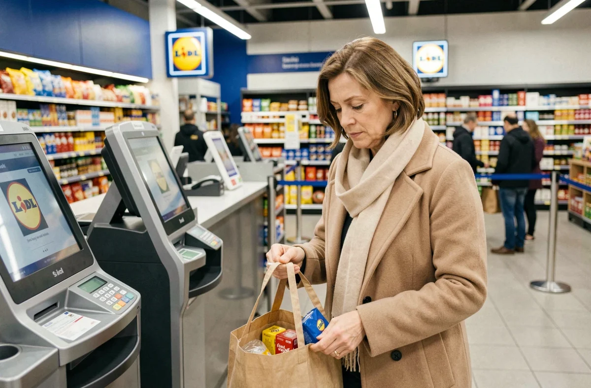 Femme utilisant une caisse automatique dans un supermarché Lidl pour gagner du temps en caisse