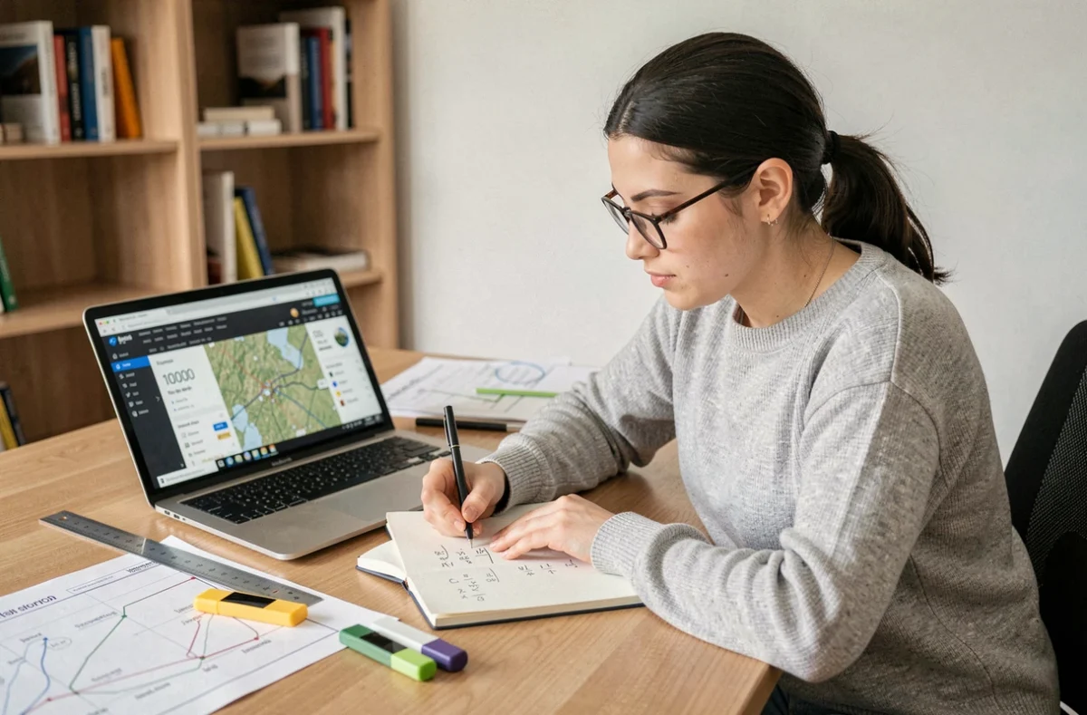 Jeune femme calculant la conversion de 10 000 hectares en kilomètres carrés sur un bureau