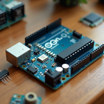 Gertduino sur bureau en bois avec composants électroniques
