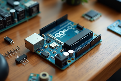 Gertduino sur bureau en bois avec composants électroniques