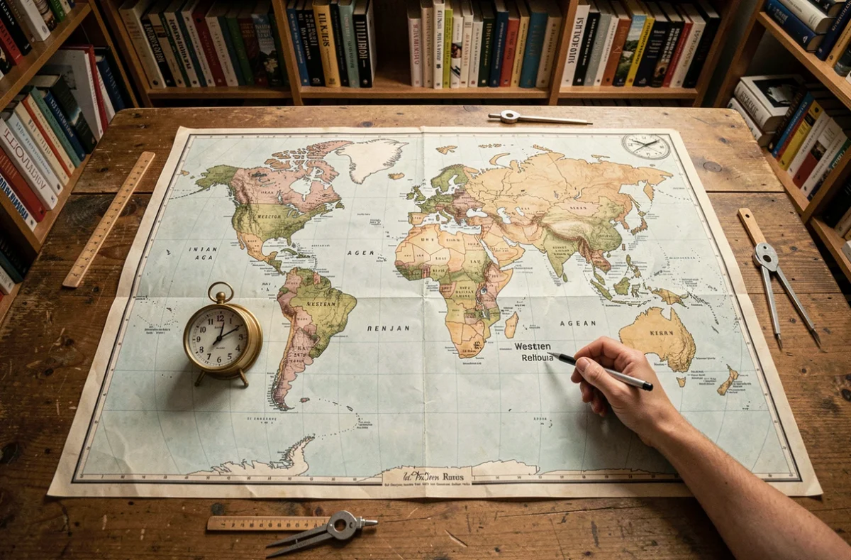 Carte du monde avec deux horloges analogiques illustrant le décalage horaire entre La Réunion et la France