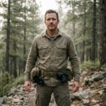 Photographe homme portant une ceinture modulaire professionnelle chargée de matériel photo en forêt de pins