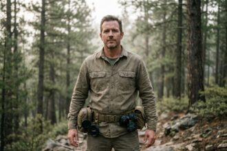 Photographe homme portant une ceinture modulaire professionnelle chargée de matériel photo en forêt de pins