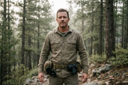 Photographe homme portant une ceinture modulaire professionnelle chargée de matériel photo en forêt de pins
