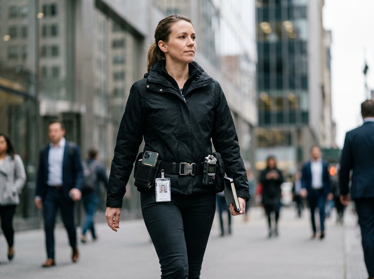 Journaliste femme en milieu urbain utilisant une ceinture technique pour transporter son matériel professionnel