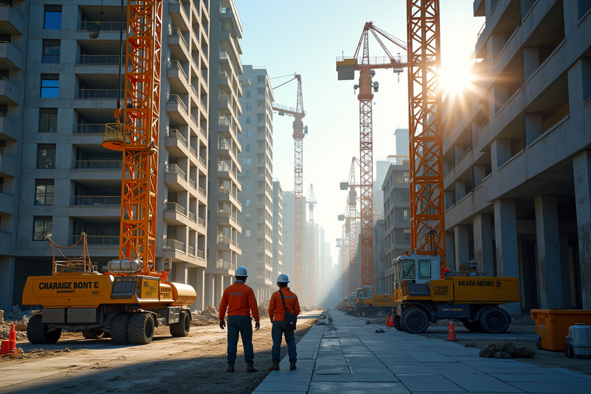Chantier urbain avec grues et ouvriers en sécurité en extérieur