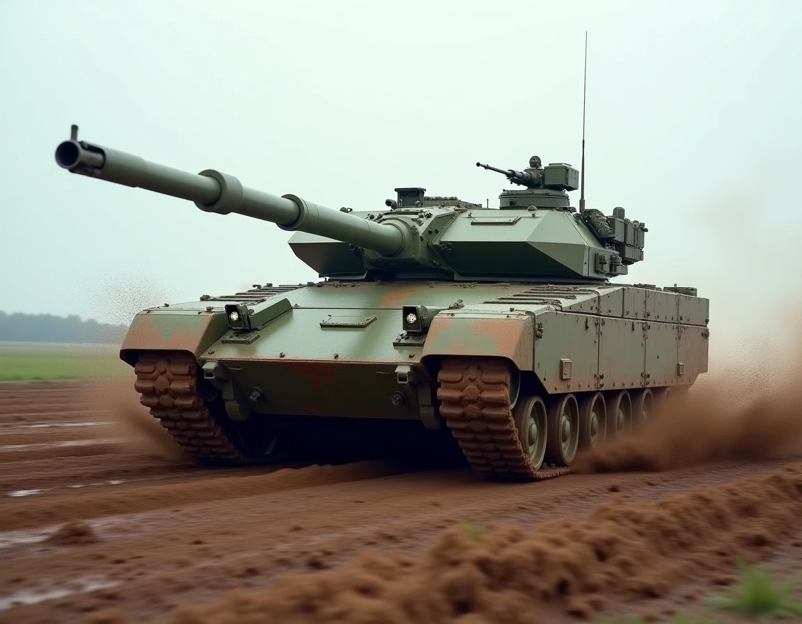 Char Leclerc en mouvement sur un parcours boueux lors d'un exercice militaire, traces de boue sur les chenilles