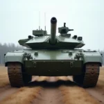 Char Leclerc vu de trois quarts avant sur un terrain d'entraînement militaire, blindage composite et tourelle apparents