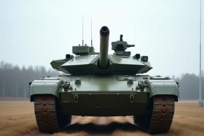 Char Leclerc vu de trois quarts avant sur un terrain d'entraînement militaire, blindage composite et tourelle apparents