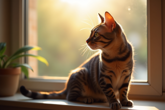 Chat noir Bengal sur une fenêtre ensoleillée