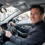 Chauffeur de taxi professionnel au volant d'une berline moderne dans une ville du Grand Est, affichant un sourire accueillant avec GPS visible sur le tableau de bord