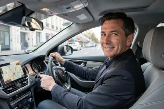 Chauffeur de taxi professionnel au volant d'une berline moderne dans une ville du Grand Est, affichant un sourire accueillant avec GPS visible sur le tableau de bord