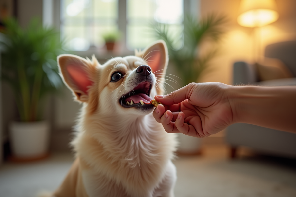 Chihuahua senior heureux nourri à la main dans un salon